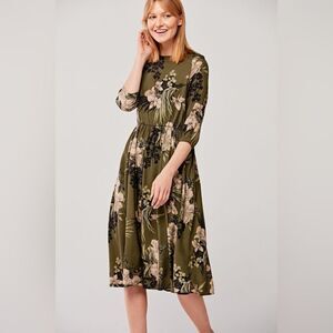 Marie Zelie Green Floral Tie Front 3/4 Sleeve Midi Dress Sz EU44 Made in Poland